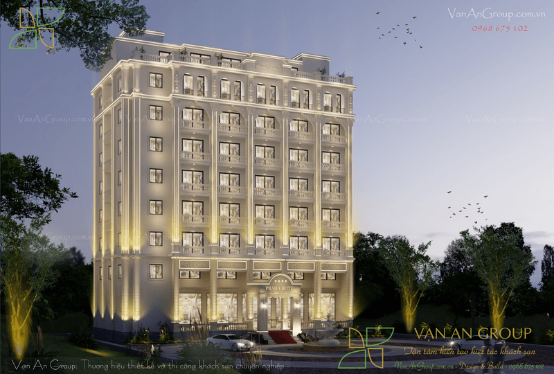 Phối cảnh ban đêm lộng lẫy của khách sạn Praha Hotel