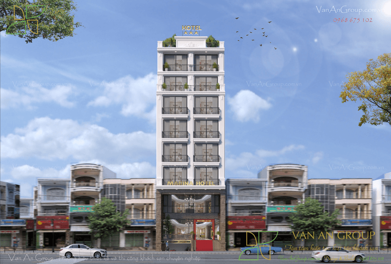 Thiết kế khách sạn 8 tầng Marina Hotel tại Hà Nội nhẹ nhàng và tinh tế