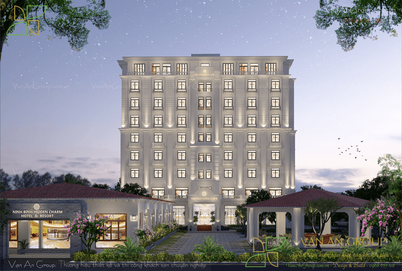 Ánh đèn bố trí hợp lý trong mẫu khách sạn có bể bơi đẹp