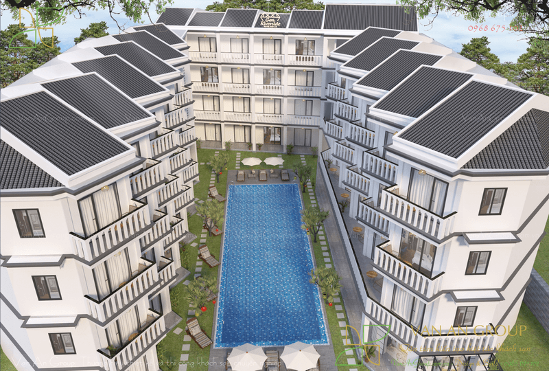 Góc nhìn cao toàn bộ phối cảnh thiết kế khách sạn Gem Riverside