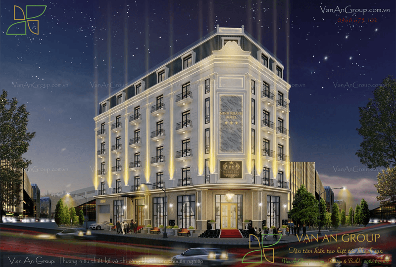 thiết kế khách sạn mini 5 tầng đẹp Phối cảnh ban đêm lộng lẫy, thu hút của khách sạn Minh Khánh Hotel