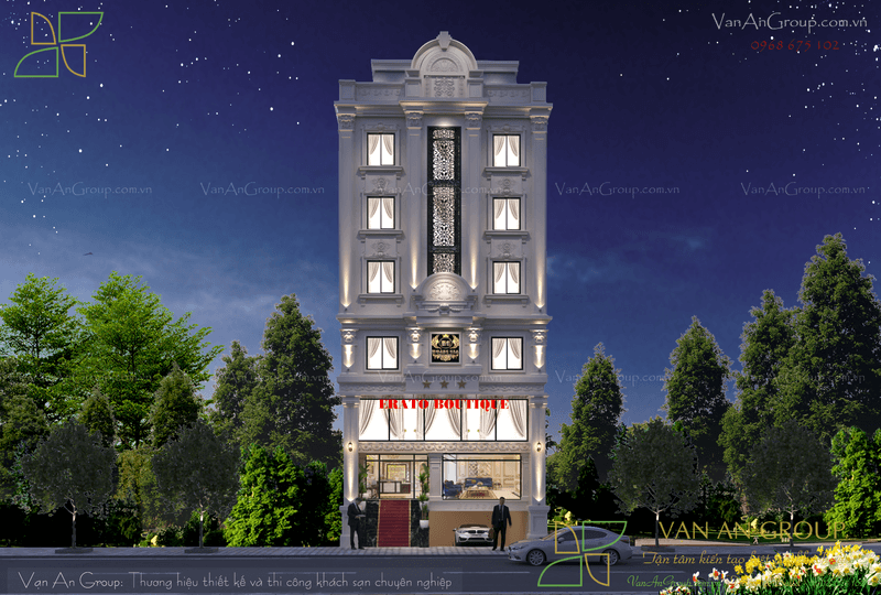 Phối cảnh ban đêm lung linh của khách sạn 6 tầng Erato Boutique Hotel