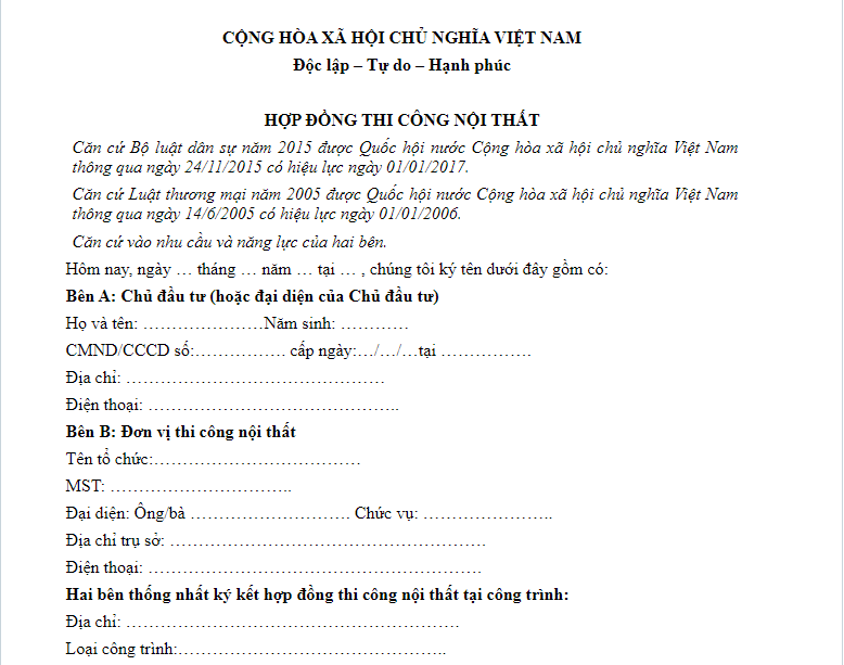 mẫu hợp đông thi công nội thất
