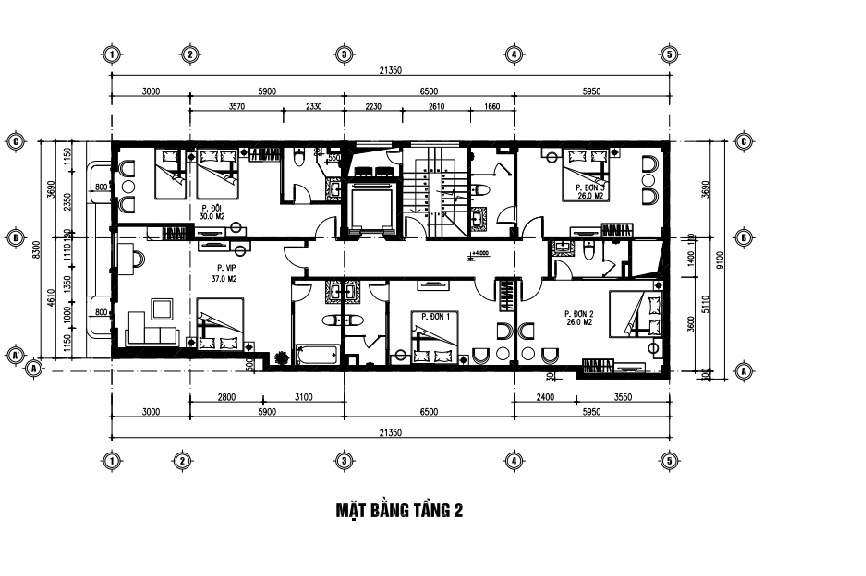 Bản vẽ mặt bằng tầng 2 khách sạn 3 sao