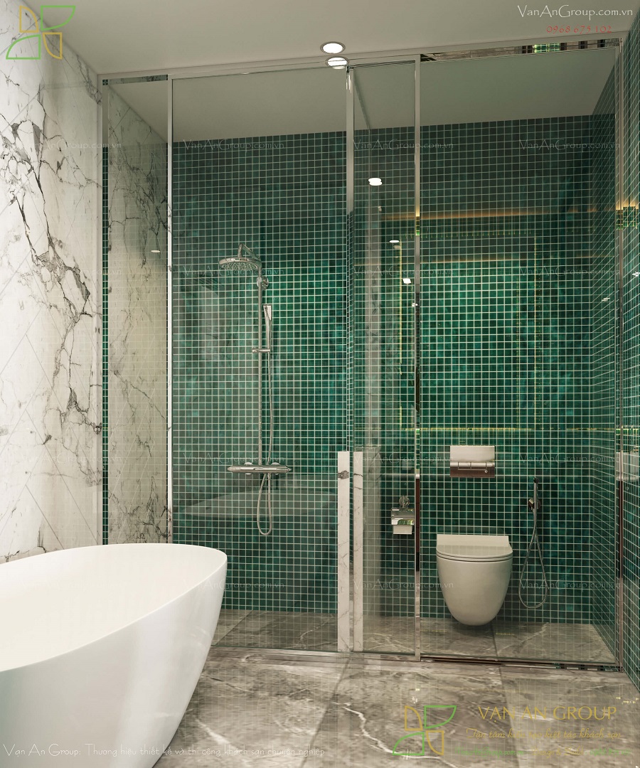 Phòng tắm sử dụng vật liệu đá mosaic xanh lá tuyệt đẹp