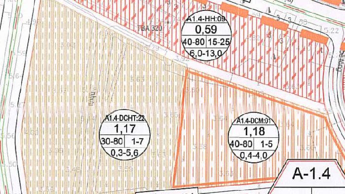 Khu đất A1.4-HH:09 (Đất hỗn hợp) có thông số mật độ xây dựng 80%, hệ số sử dụng đất 13 và tầng cao tối đa 25 tầng