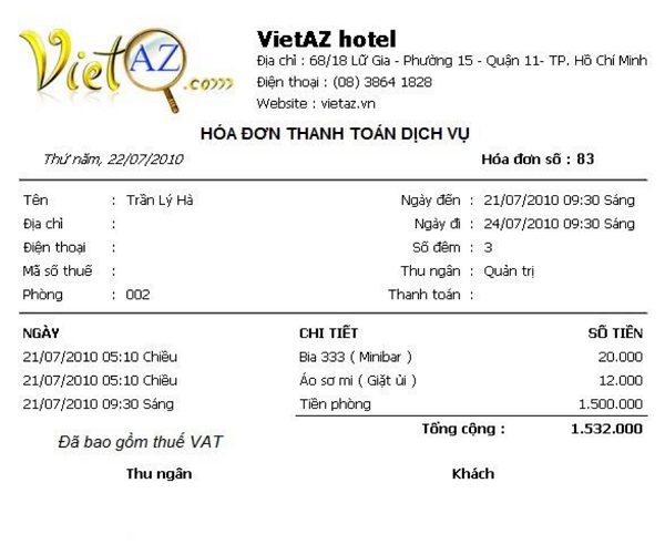 Tổng hợp mẫu hóa đơn khách sạn