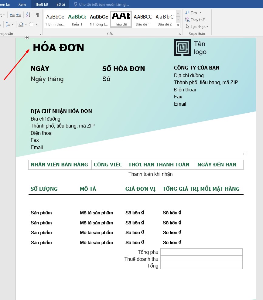 huong dan tao hoa don khach san tren Word 4