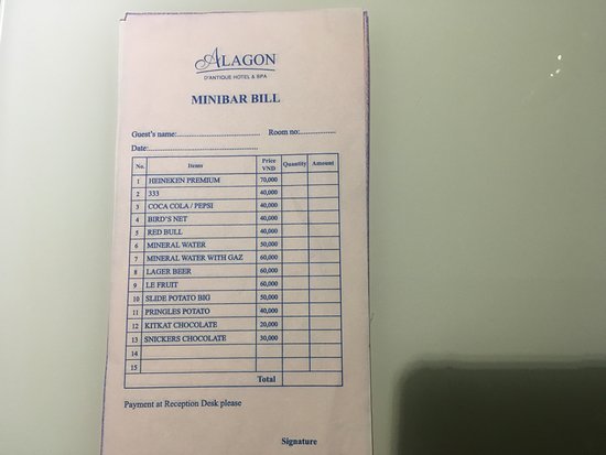 Mẫu phiếu minibar khách sạn
