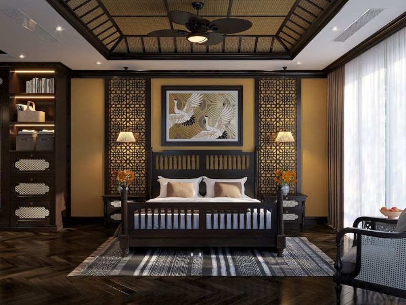 Nên kết hợp gỗ mun cùng các vật liệu sáng màu