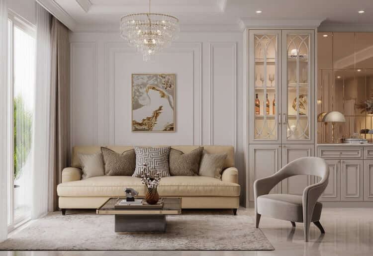 Thiết kế tinh tế trần thạch cao nổi mang lại vẻ đẹp sang trọng cho phòng khách