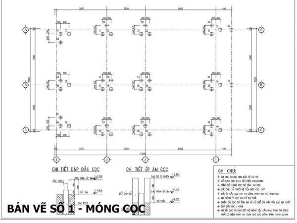 Bản vẽ móng cọc nhà 3 tầng