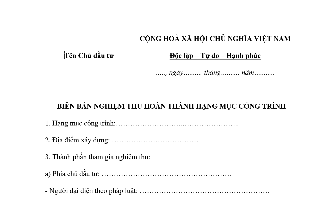 Biên bản nghiệm thu hoàn thành hạng mục công trình