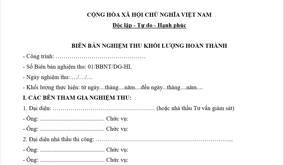 Biên bản nghiệm thu khối lượng công trình