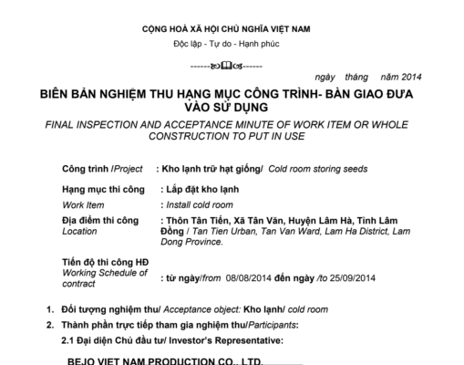 Các từ vựng tiếng anh trong biên bản nghiệm thu