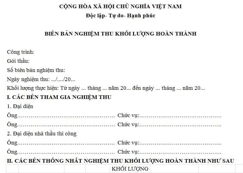 Biên bản nghiệm thu khối lượng hoàn thành
