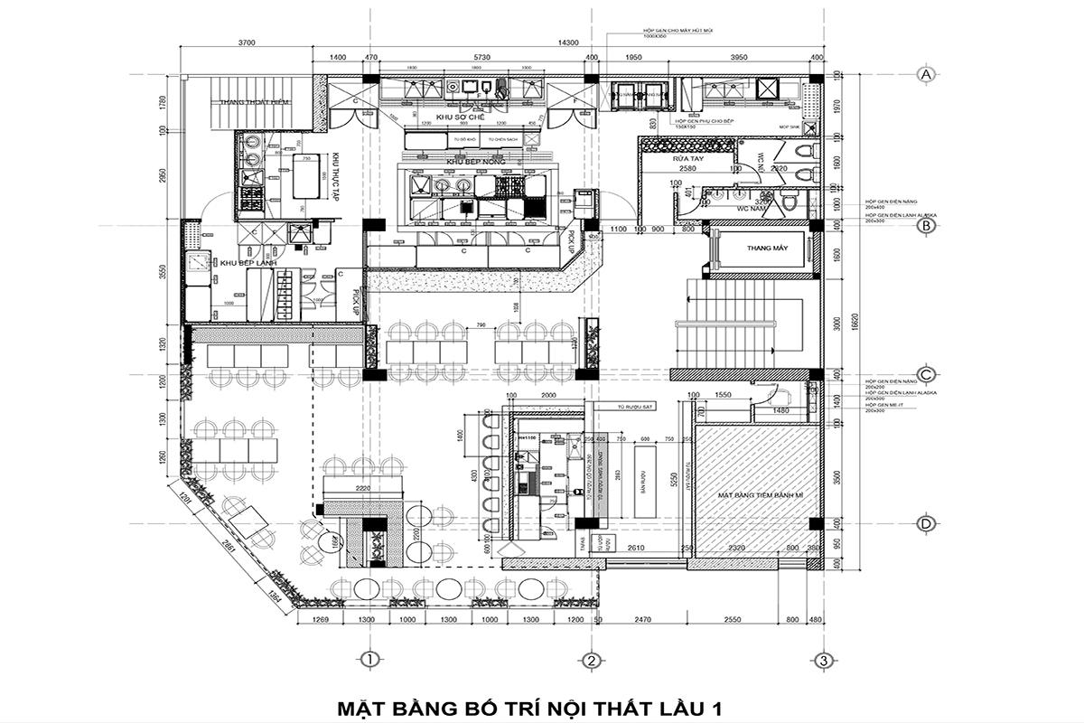 Bản vẽ sơ đồ mặt bằng nhà hàng nội thất lầu 1