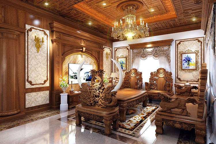 Phòng khách nội thất gỗ tân cổ điển