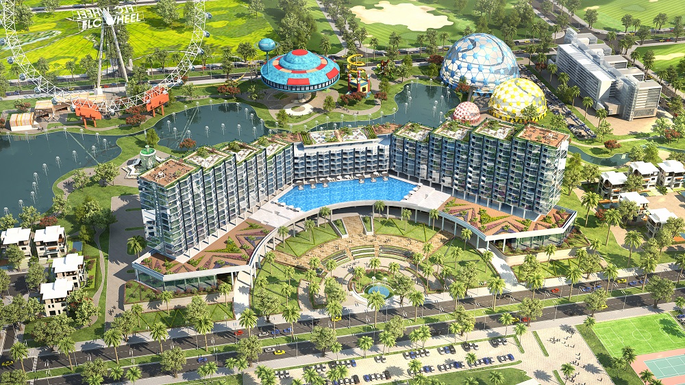 Thiết kế bể bơi trung tâm lớn với nhiều cây cọ bao quanh