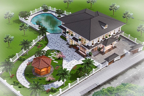 Cảnh quan khách sạn với hồ bơi và căn chòi nhỏ để thư giãn