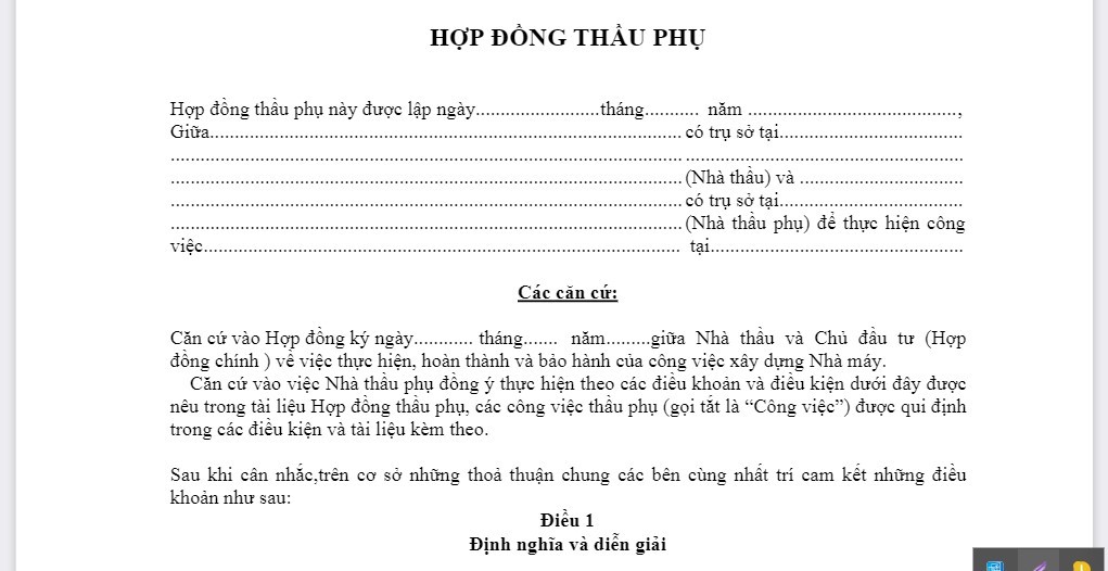 Tải miễn phí mẫu hợp đồng thầu phụ