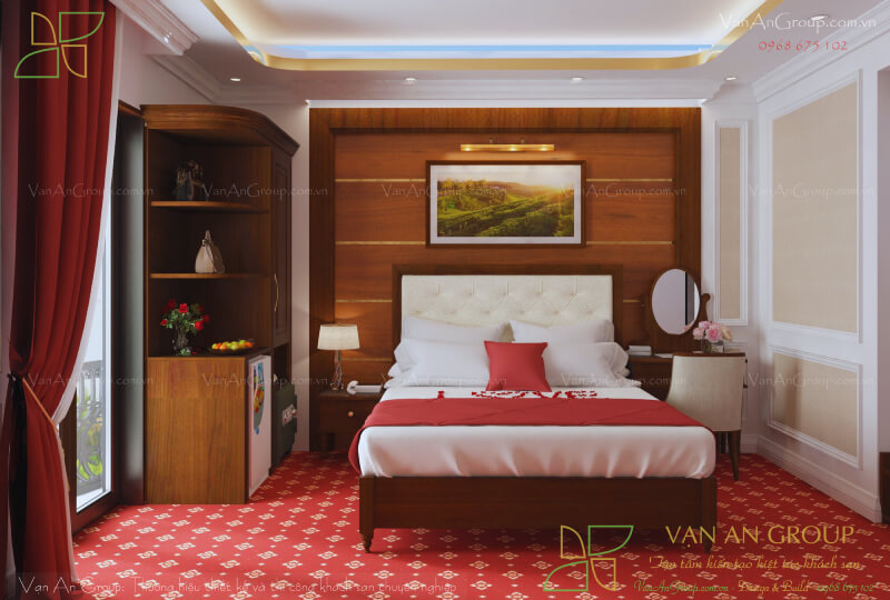 Phòng ngủ sang trọng ấm cúng với gam màu đỏ trầm