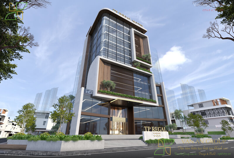 Khách sạn 4 sao TP Regal Hotel sử dụng các mảng kính lớn kết hợp hài hòa với ốp giả gỗ và hình khối phi đối xứng