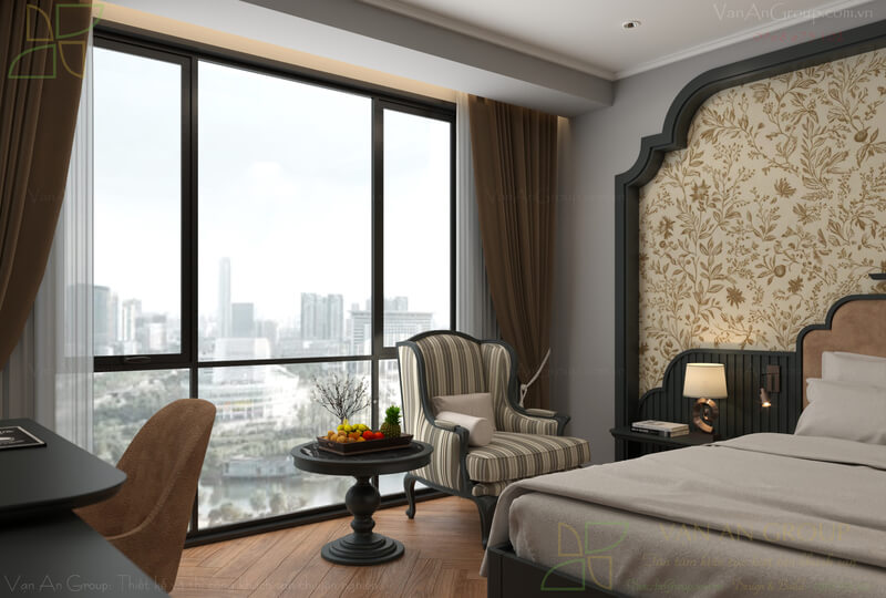 Các tiện nghi khác như bàn làm việc, tab đầu giường, bàn ghế thư giãn được bố trí hài hòa với không gian