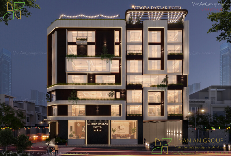 Mẫu thiết kế khách sạn 3 sao Aurora Daklak Hotel sử dụng hình khối phi đối xứng kết hợp cùng hệ ban công kính
