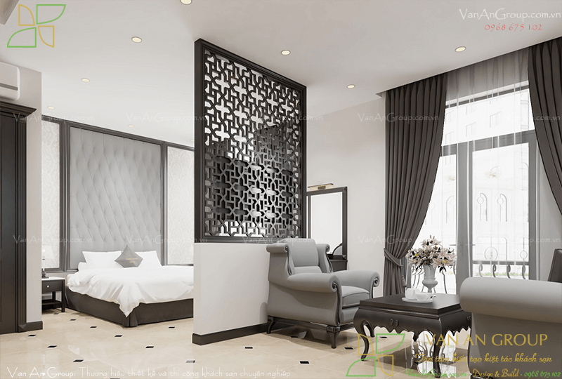 Trang thiết bị khu vực ngồi thư giãn trong phòng ngủ của phòng suite khách sạn
