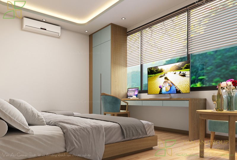 Hệ tủ cao kịch trần có màu sắc đồng bộ với thiết kế phòng