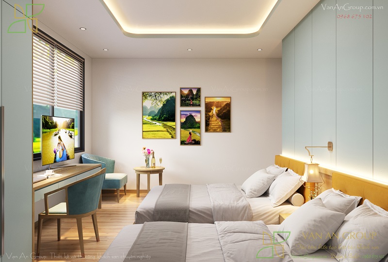 Khu vực bàn làm việc và bàn trà được bố trí hợp lý