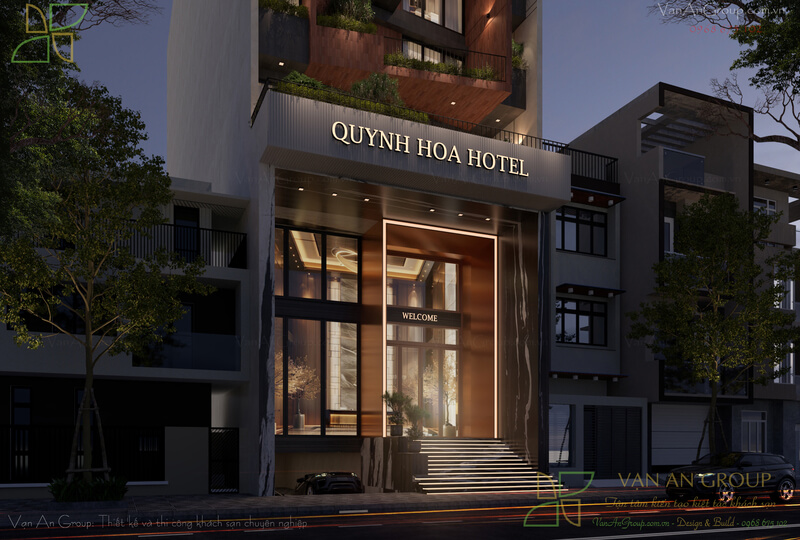 Sảnh chính Quỳnh Hoa Hotel về đêm