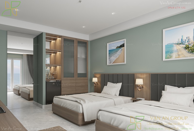 Phòng được bố trí 2 giường ngủ rộng rãi, tiện nghi đầy đủ