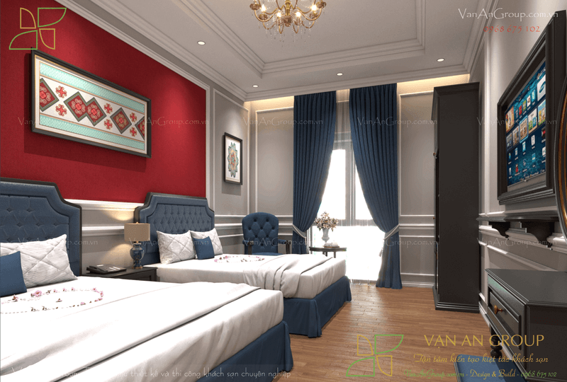 Nghệ thuật phối màu tương phản đầy táo bạo với sắc đỏ kết hợp cùng màu xanh đậm của nội thất