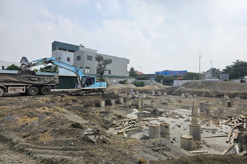 Tiến hành đào hố móng và xử lý đất thủ công quanh đầu cọc
